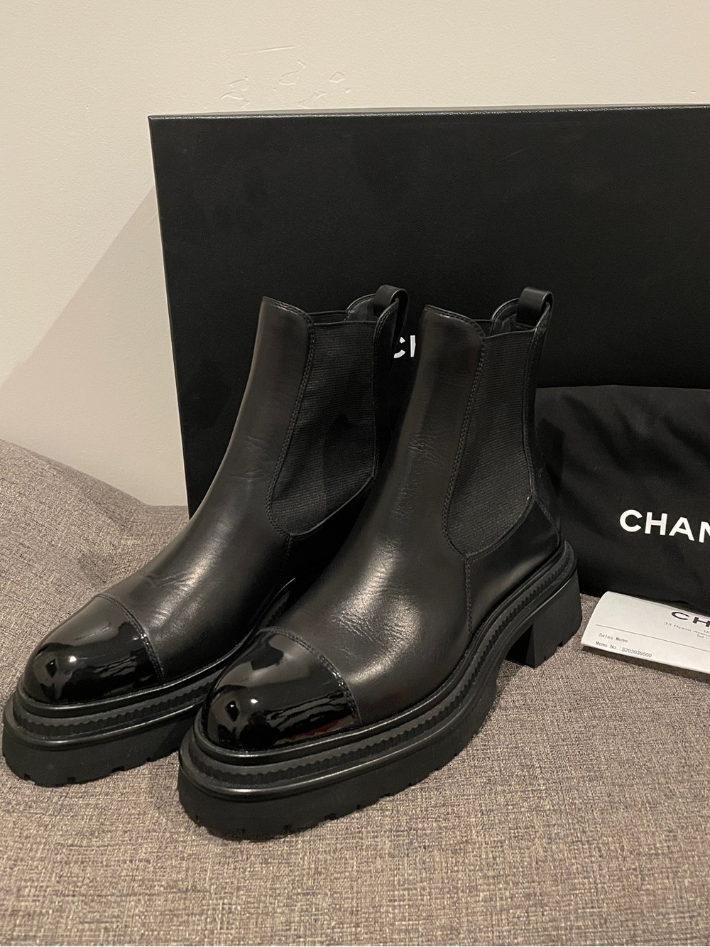 Chanel Black Lambskin Leather Boots Patent Cap-Toe CC Logo Size 36
